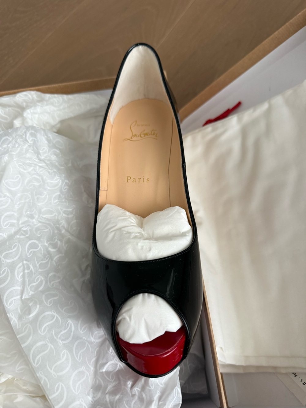 Christian Louboutin Black Patent Peep-Toe Pump with Red Sole Accent